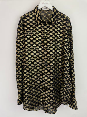 Celine Black & Metallic Gold Jacquard Silk Shirt with Triomphe Logo Pattern and Buttoned Cuffs Size FR 40 (UK 12)