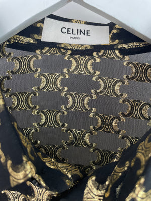 Celine Black & Metallic Gold Jacquard Silk Shirt with Triomphe Logo Pattern and Buttoned Cuffs Size FR 40 (UK 12)
