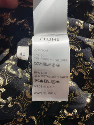 Celine Black & Metallic Gold Jacquard Silk Shirt with Triomphe Logo Pattern and Buttoned Cuffs Size FR 40 (UK 12)