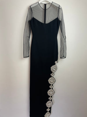 *HOT* David Koma Black Long Dress with Tulle & Multiple Floral Crystal Embellishments Detail Size FR 36 (UK 8)