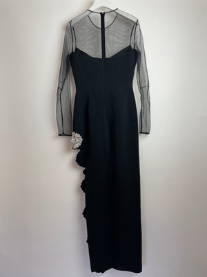 *HOT* David Koma Black Long Dress with Tulle & Multiple Floral Crystal Embellishments Detail Size FR 36 (UK 8)