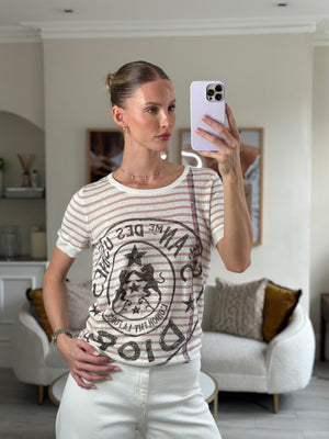 Christian Dior "St Anne Des Usines" Cream and Pink Striped T-Shirt with Logo Detail FR 36 (UK 8)