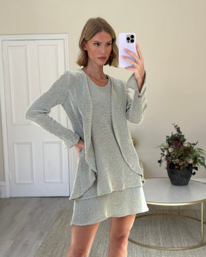 Chanel Grey Knit Cardigan & Dress Set with Silver CC Logo Button Detail on Sleeve FR 36 (UK 8)