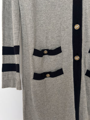 Chanel Grey Long Sleeve Longline Cashmere Dress Cardigan with CC Detail Buttons Size FR 36 (UK 8-10)