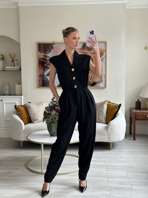 Balmain Black Wool Sleeveless Jumpsuit with Gold Logo Buttons Size FR 40 (UK 12)