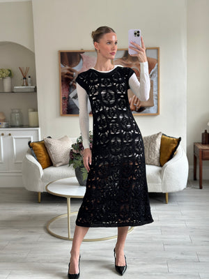 Chanel Black Crochet Short Sleeve Midi Dress with White Long-Sleeve Under-Layer Set Size FR 34 (UK 6)