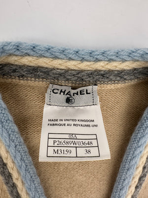 Chanel 05/A Beige Cardigan with Knitted Blue Trim Size FR 38 (UK 10)