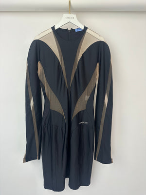 Mugler Black Panelled Mesh Midi Dress with Logo Detail Size FR 40 (UK 12)
