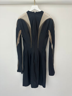 Mugler Black Panelled Mesh Midi Dress with Logo Detail Size FR 40 (UK 12)