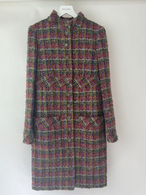 Chanel Green, Blue, Pink Tweed Check Long Coat with Button CC Detailing FR 34 (UK 6)