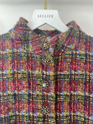 Chanel Green, Blue, Pink Tweed Check Long Coat with Button CC Detailing FR 34 (UK 6)