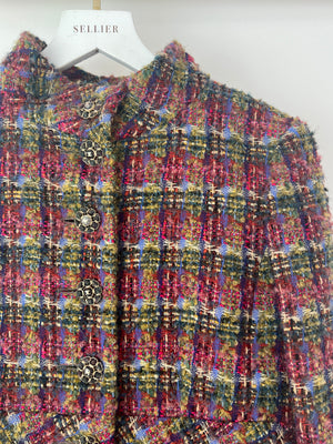 Chanel Green, Blue, Pink Tweed Check Long Coat with Button CC Detailing FR 34 (UK 6)