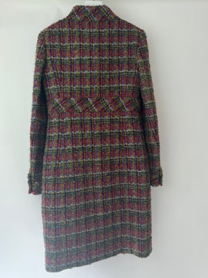 Chanel Green, Blue, Pink Tweed Check Long Coat with Button CC Detailing FR 34 (UK 6)