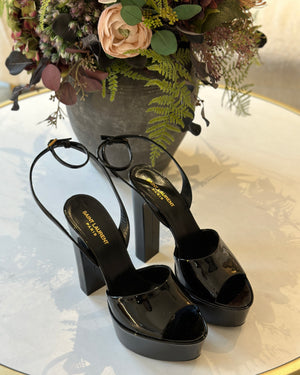 Saint Laurent Jodie Black Patent-Leather Platform Block Heels with Adjustable Ankle Strap Size EU 41 RRP £880