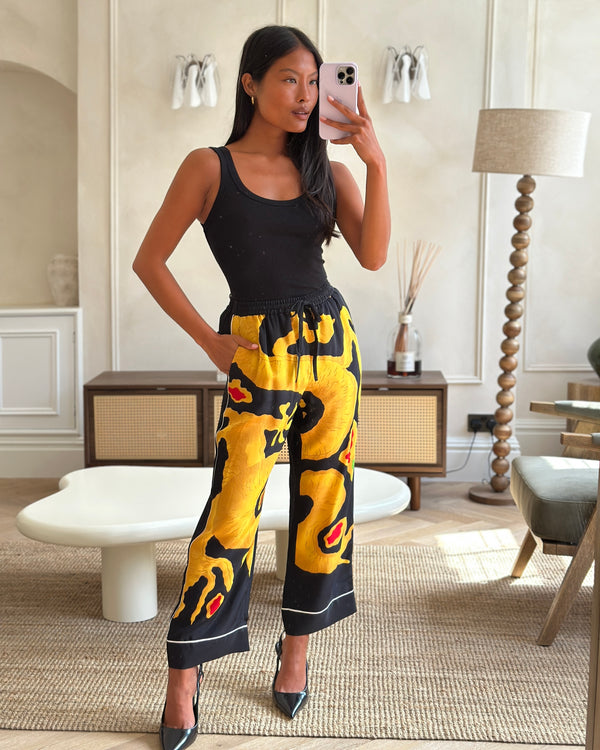 Valentino Black and Yellow Dragon Print Silk Wide Leg Trousers with White Trim IT 38 (UK 6)