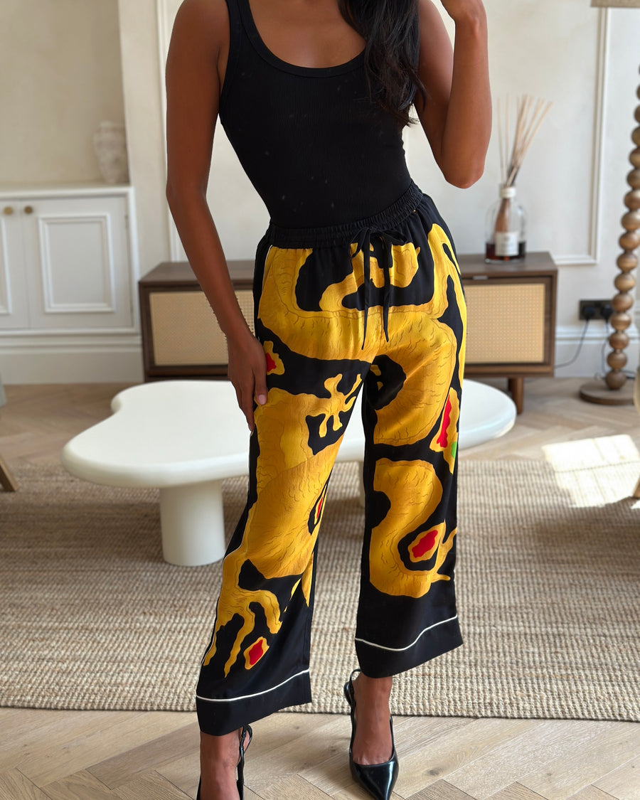 Valentino Black and Yellow Dragon Print Silk Wide Leg Trousers with White Trim IT 38 (UK 6)