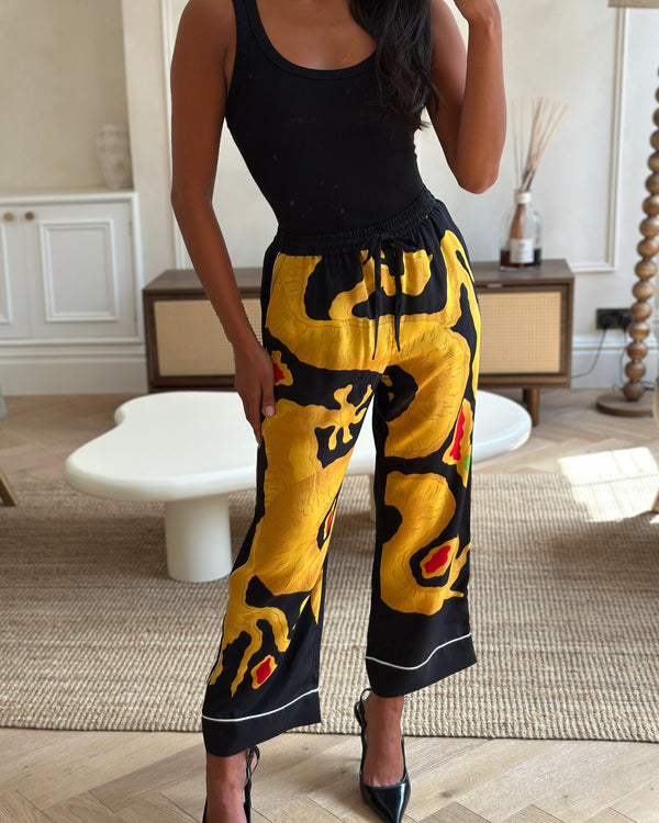 Valentino Black and Yellow Dragon Print Silk Wide Leg Trousers with White Trim IT 38 (UK 6)
