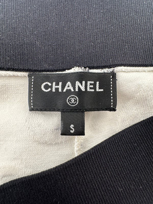 Chanel 22S White & Black Logo & Camellia Print Crop Top & Shorts Set with Black Trim & Metallic Applique Details Size S (UK 8)