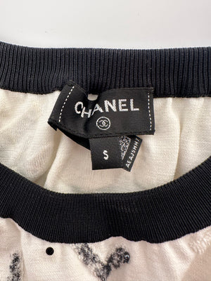 Chanel 22S White & Black Logo & Camellia Print Crop Top & Shorts Set with Black Trim & Metallic Applique Details Size S (UK 8)