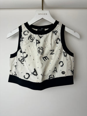 Chanel 22S White & Black Logo & Camellia Print Crop Top & Shorts Set with Black Trim & Metallic Applique Details Size S (UK 8)