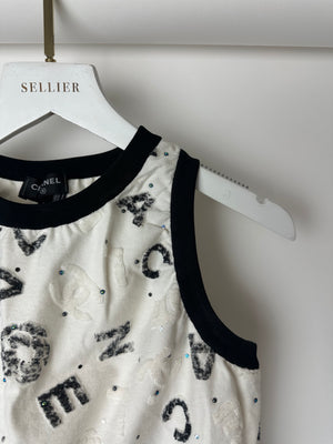 Chanel 22S White & Black Logo & Camellia Print Crop Top & Shorts Set with Black Trim & Metallic Applique Details Size S (UK 8)