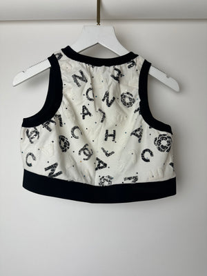 Chanel 22S White & Black Logo & Camellia Print Crop Top & Shorts Set with Black Trim & Metallic Applique Details Size S (UK 8)