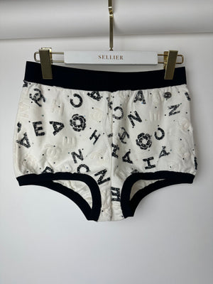 Chanel 22S White & Black Logo & Camellia Print Crop Top & Shorts Set with Black Trim & Metallic Applique Details Size S (UK 8)
