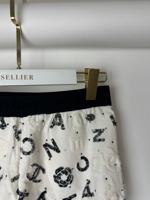 Chanel 22S White & Black Logo & Camellia Print Crop Top & Shorts Set with Black Trim & Metallic Applique Details Size S (UK 8)