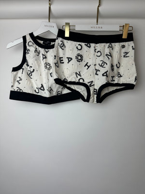 Chanel 22S White & Black Logo & Camellia Print Crop Top & Shorts Set with Black Trim & Metallic Applique Details Size S (UK 8)