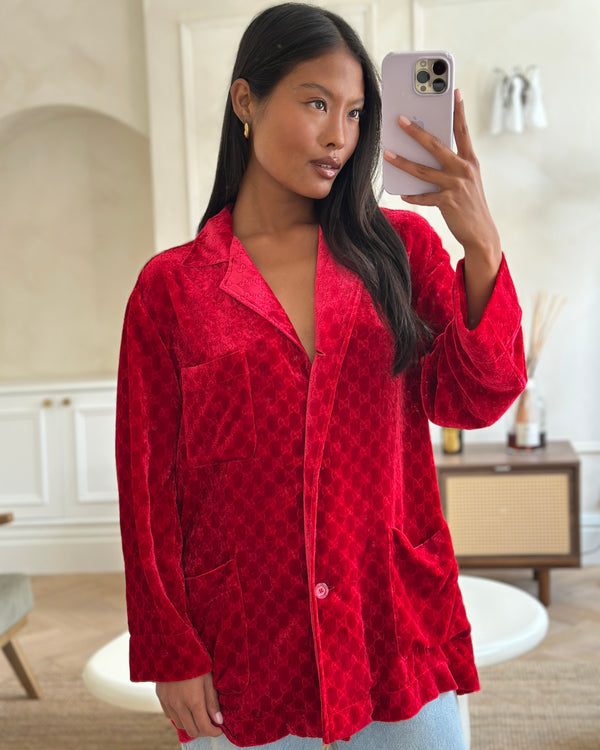 Gucci Red Velvet Long Sleeve GG Monogram Shirt Size IT 38 (UK 6)