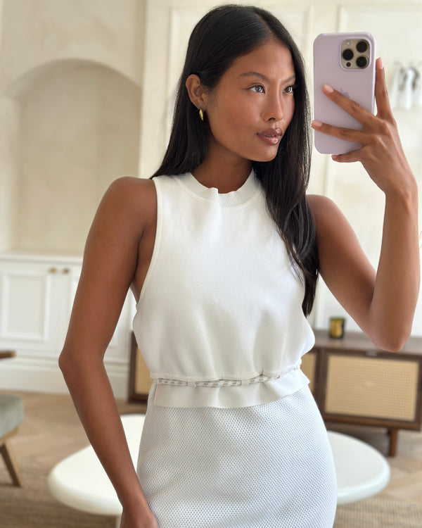 Hermès White Knitted Sleeveless Midi Dress with Waist String Details Size FR 36 (UK 8)