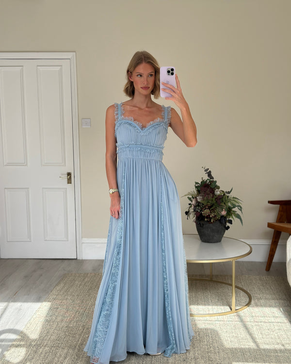 *HOT* Elie Saab Sky Blue Lace Trimmed Silk Blend Evenin Gown Size FR 40 (UK 12)