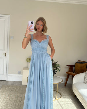 *HOT* Elie Saab Sky Blue Lace Trimmed Silk Blend Evenin Gown Size FR 40 (UK 12)