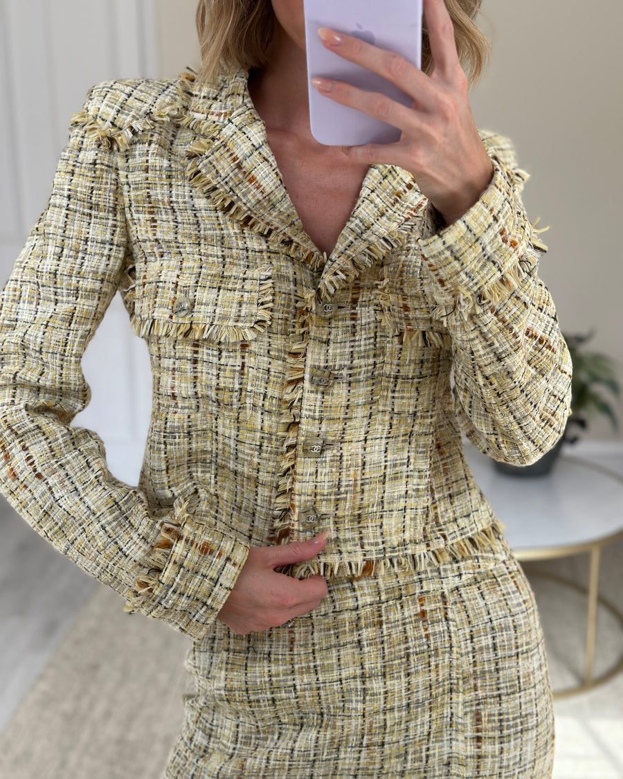 Chanel Beige & Brown Tweed Jacket & Skirt Set with Tweed CC Logo Butto –  Sellier