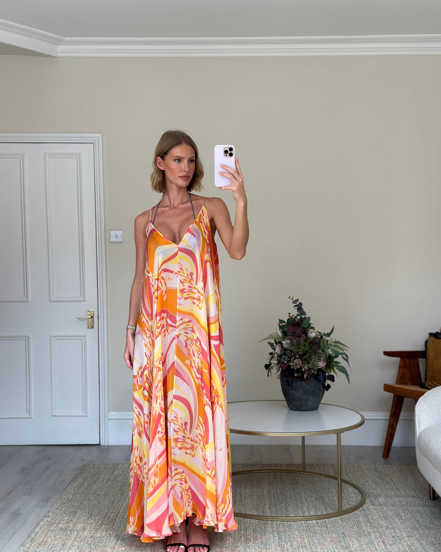 Emilio Pucci Pink, Yellow Orange Printed Silk Maxi Sun Dress Size UK 8