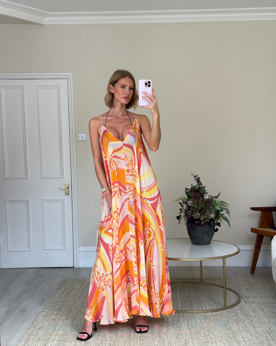 Emilio Pucci Pink, Yellow Orange Printed Silk Maxi Sun Dress Size UK 8