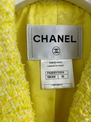 *RUNWAY PIECE* Chanel Cruise 2012 Yellow, White Tweed Skirt and Jacket Set with Logo Crystal Buttons Size FR 38 (UK 10)