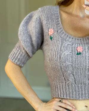 Alessandra Rich Lilac Long-Sleeve Cropped Sweater with Flower Detail IT 38 (UK 6)