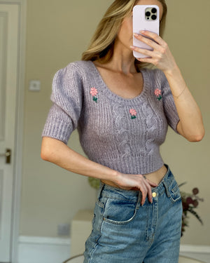 Alessandra Rich Lilac Long-Sleeve Cropped Sweater with Flower Detail IT 38 (UK 6)