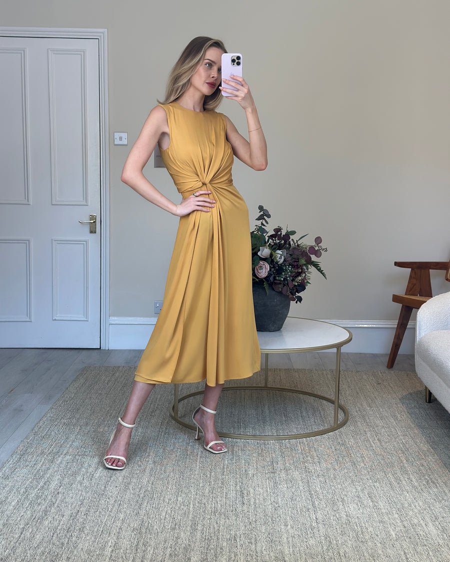 Loro Piana Mustard Yellow Sleeveless Silk Midi Dress with Knot Side Detail Size IT 38 (UK 6)