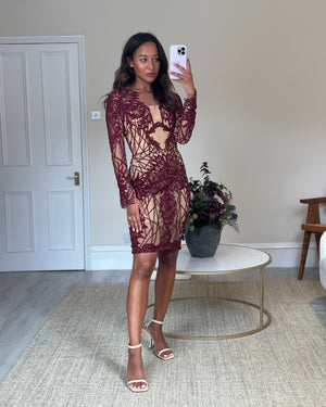 Zuhair Murad Burgundy Sequin Embellished Long-sleeve Midi Dress Size FR 34 (UK 6)
