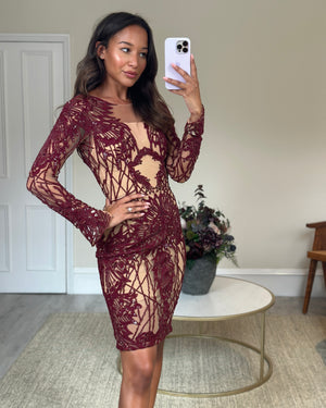 Zuhair Murad Burgundy Sequin Embellished Long-sleeve Midi Dress Size FR 34 (UK 6)