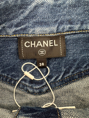 *HOT* Chanel 24S Denim Cropped Top with 3/4 Sleeves & Floral Crystal CC Buttons Detail Size FR 38 (UK 10) RRP £3,450