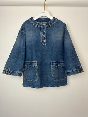 *HOT* Chanel 24S Denim Cropped Top with 3/4 Sleeves & Floral Crystal CC Buttons Detail Size FR 38 (UK 10) RRP £3,450