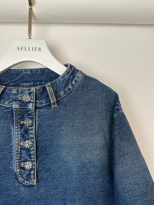 *HOT* Chanel 24S Denim Cropped Top with 3/4 Sleeves & Floral Crystal CC Buttons Detail Size FR 38 (UK 10) RRP £3,450