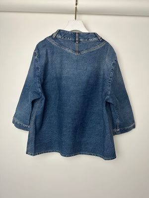 *HOT* Chanel 24S Denim Cropped Top with 3/4 Sleeves & Floral Crystal CC Buttons Detail Size FR 38 (UK 10) RRP £3,450