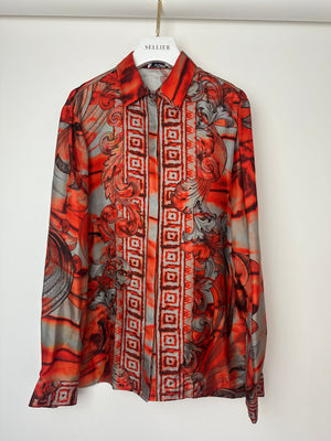 Versace Collection Orange Baroque Print Silk Long Sleeve Shirt Size IT 44 (UK 12)