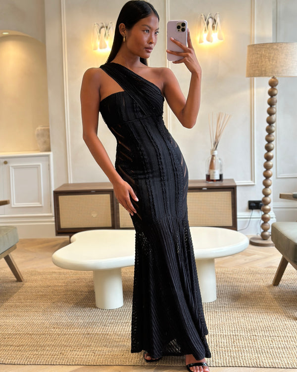 Charo Ruiz Ibiza Black One Shoulder Strap Lace Maxi Dress With Lace Size XS (UK 6)