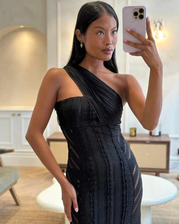 Charo Ruiz Ibiza Black One Shoulder Strap Lace Maxi Dress With Lace Size XS (UK 6)