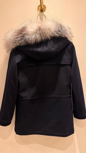 Loro Piana Kids Cashmere Navy Coat with Fox Fur Hood Size 10 Years RRP £2,780